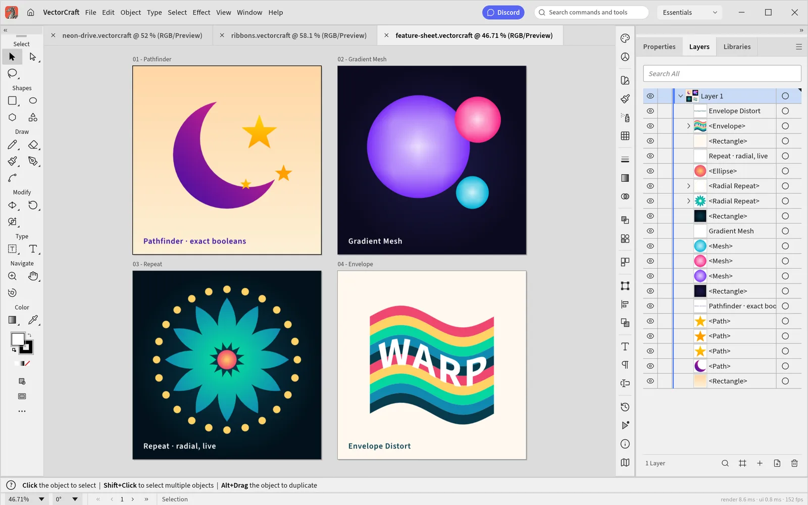 Four artboards in the light theme: Pathfinder, Gradient Mesh, radial Repeat and Envelope Distort