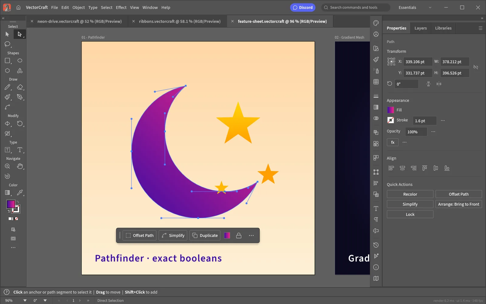 The Direct Selection tool showing anchor points and Bézier handles on a crescent built with Pathfinder, with the contextual task bar below it