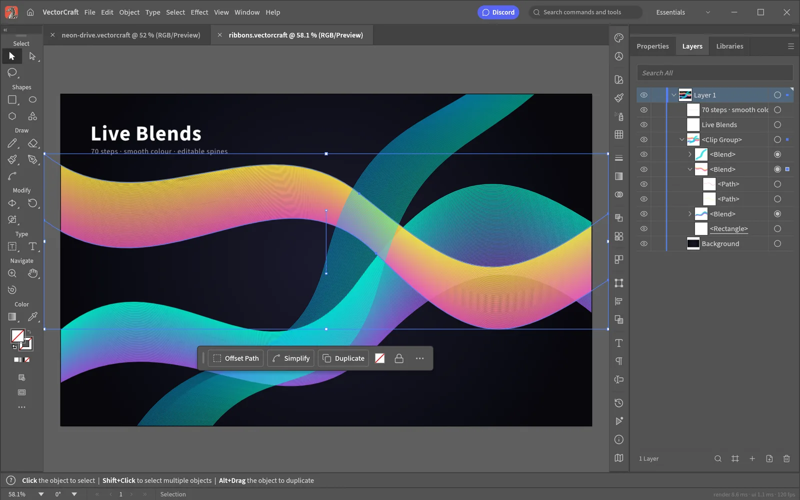 Three live blend ribbons clipped to the artboard, one selected with its key paths showing, and the Layers panel listing them
