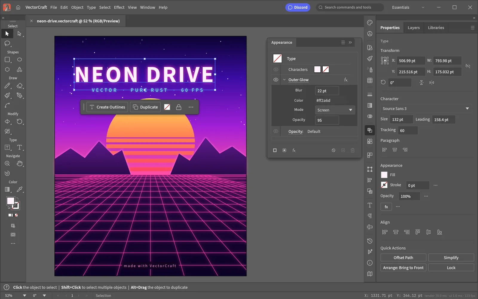 VectorCraft editing a synthwave poster: the headline is selected and its live Outer Glow is open in the Appearance panel