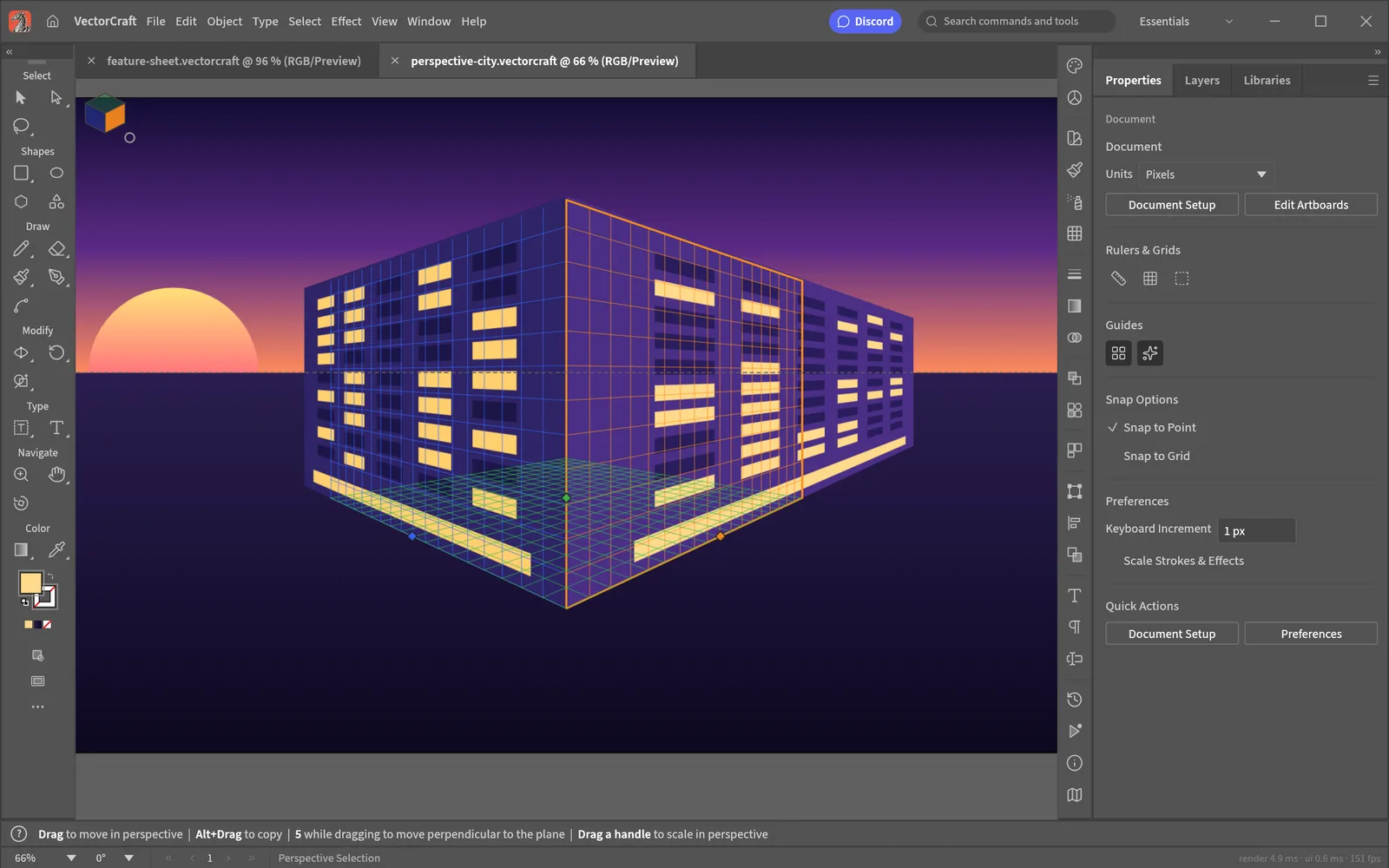 Two lit building facades drawn on the left and right planes of a two-point perspective grid at sunset